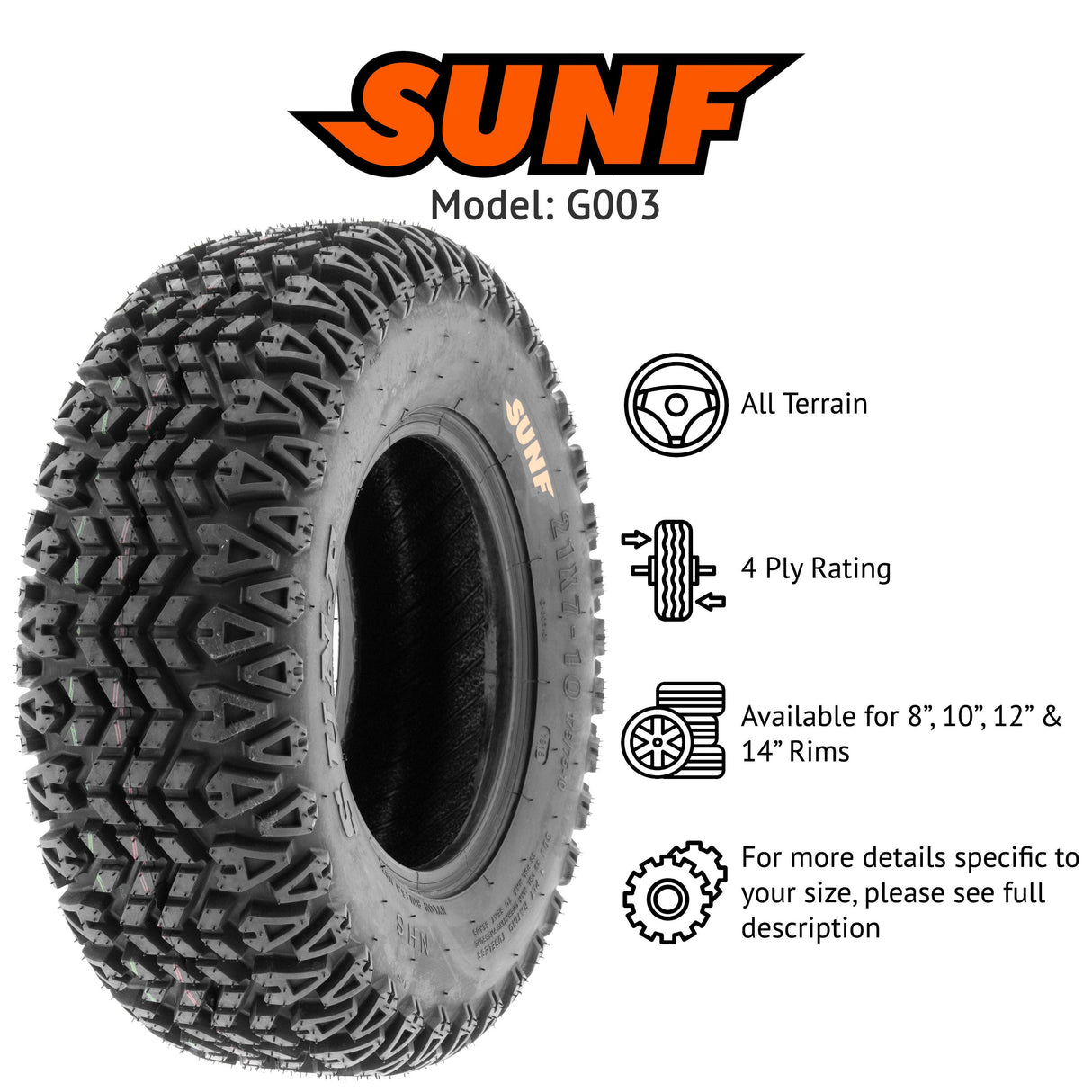 SunF ATV TIRE/UTV TIRE All Terrain Golf Cart Tire 4 PR Tubeless G003 (set of 2) SUNF