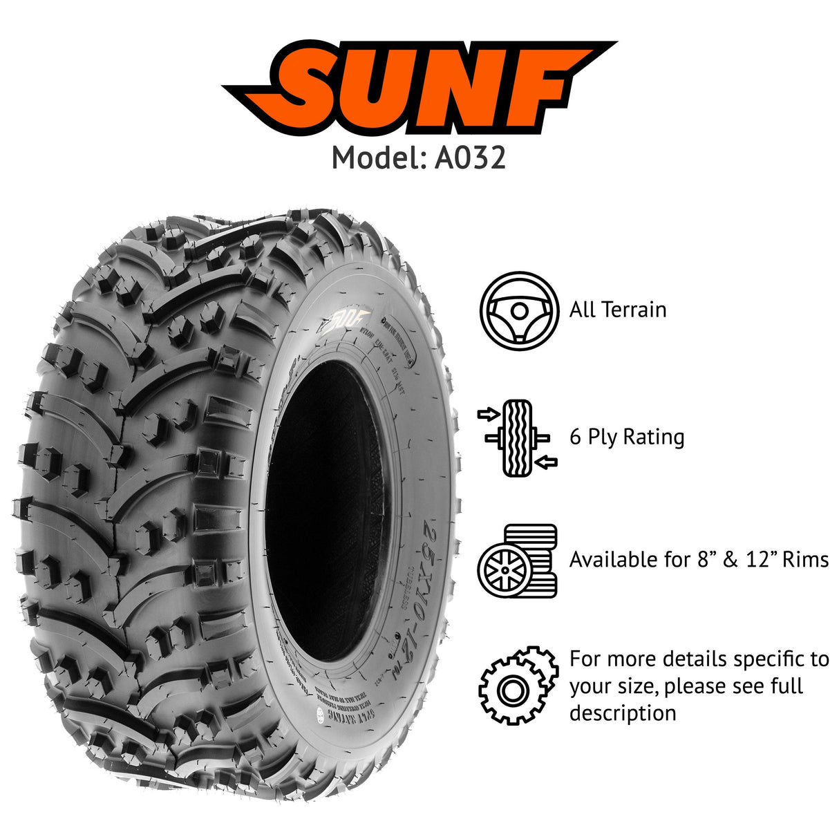 SunF ATV TIRE/UTV TIRE All Terrain 6 PR Tubeless A032 (set of 2) SUNF