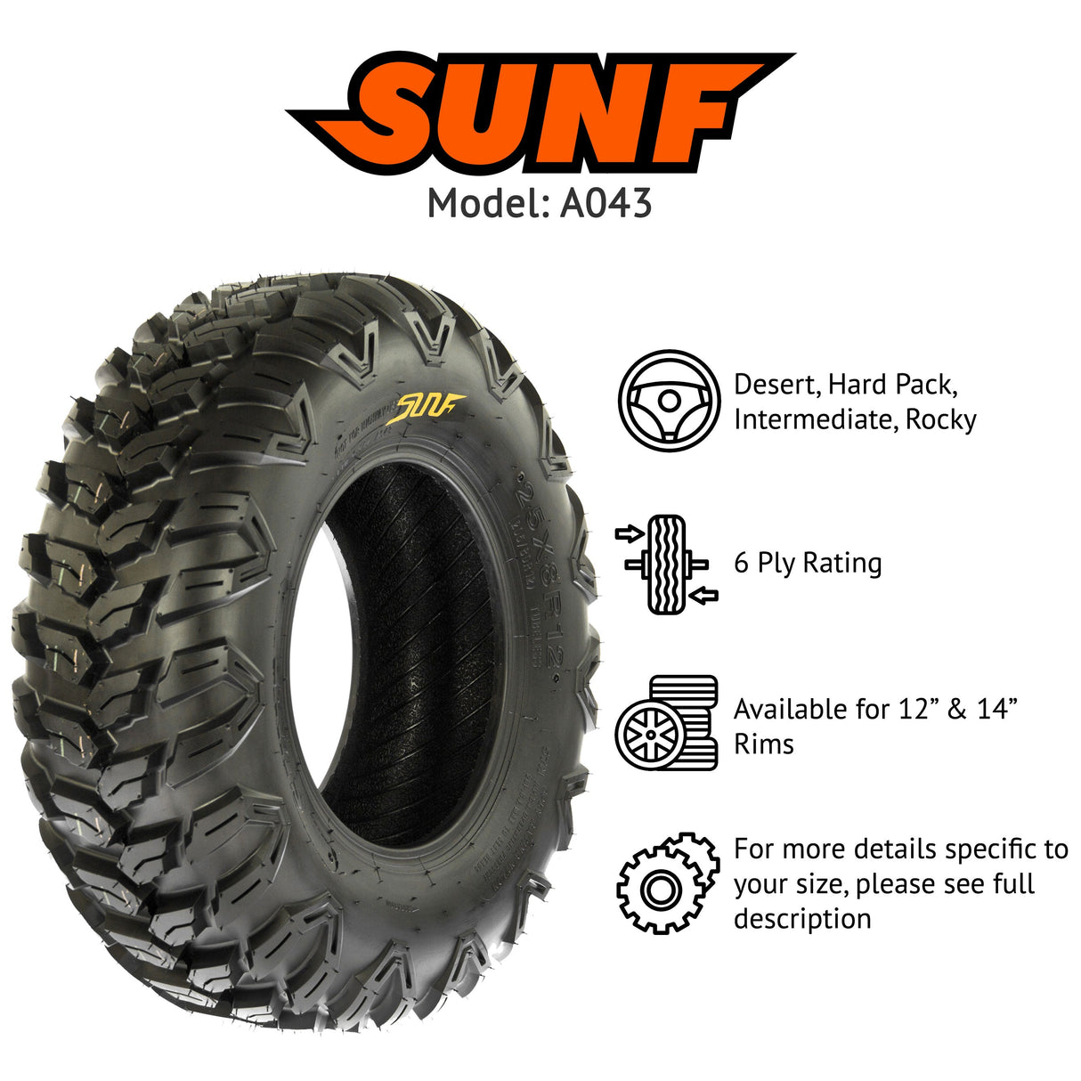 SunF ATV TIRE/UTV TIRE All Terrain 6 PR Tubeless A043 (set of 2) SUNF