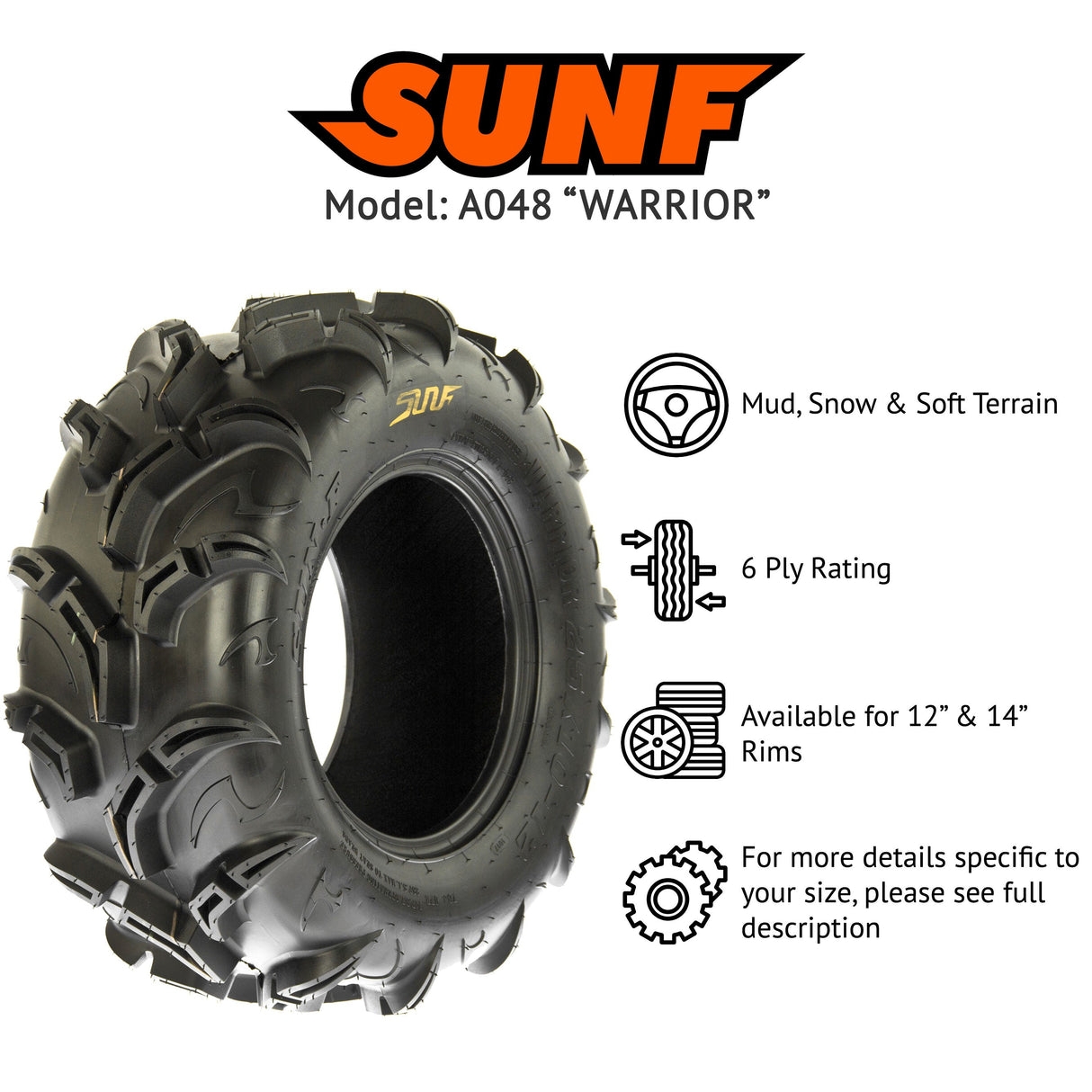 SunF ATV TIRE/UTV TIRE All Terrain Mud Tire 6 PR Tubeless A048 WARRIOR (set of 2) SUNF