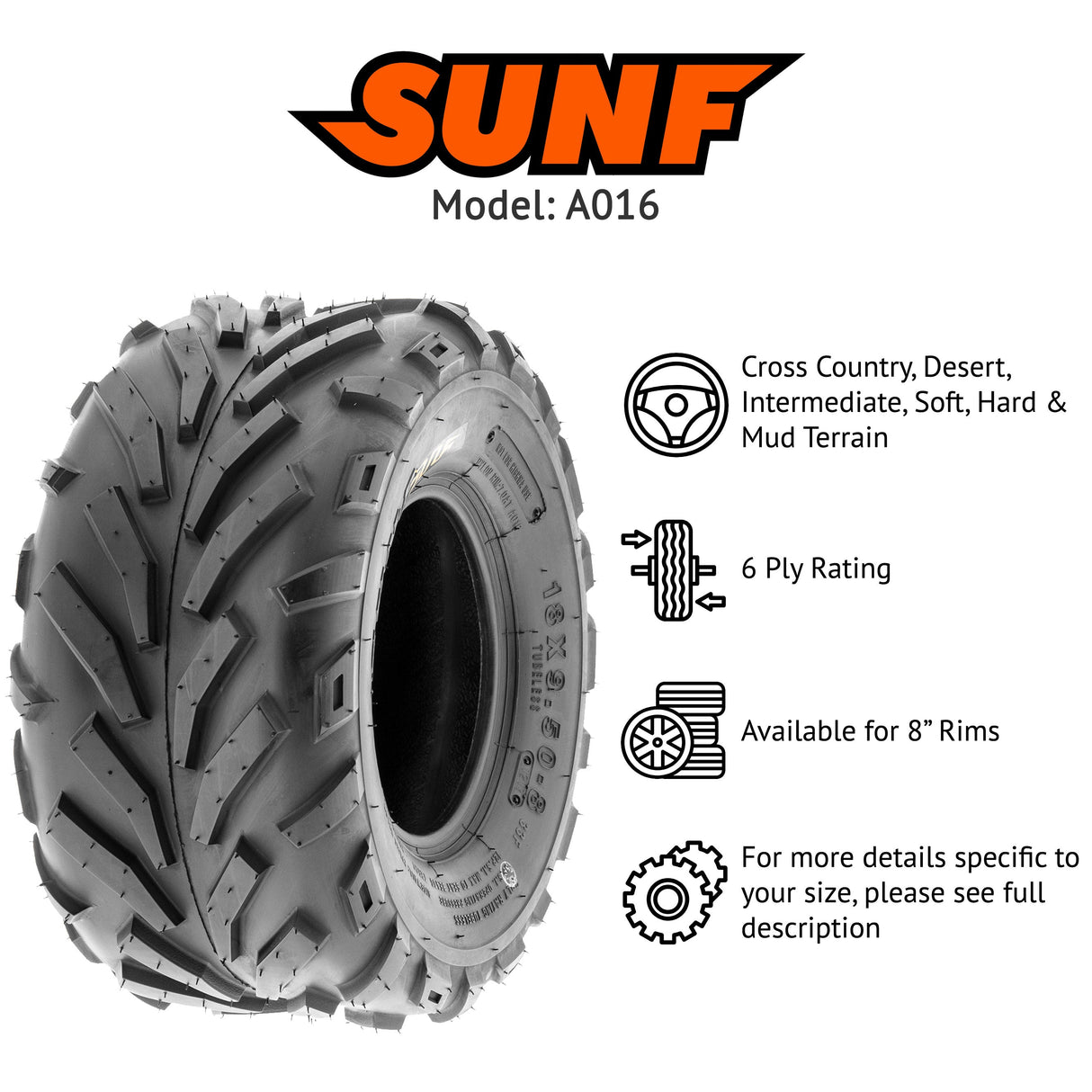 SunF ATV TIRE/UTV TIRE All Terrain 6 PR Tubeless A016 (set of 2) SUNF