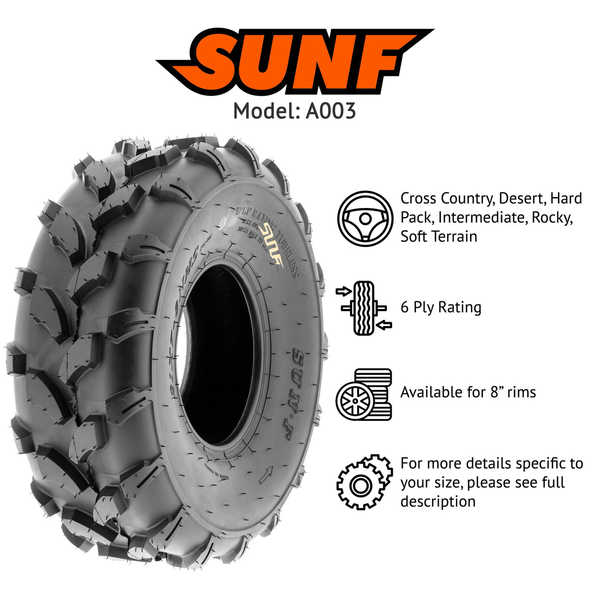 SunF ATV TIRE/UTV TIRE All Terrain 6 PR Tubeless A003 (set of 2) SUNF