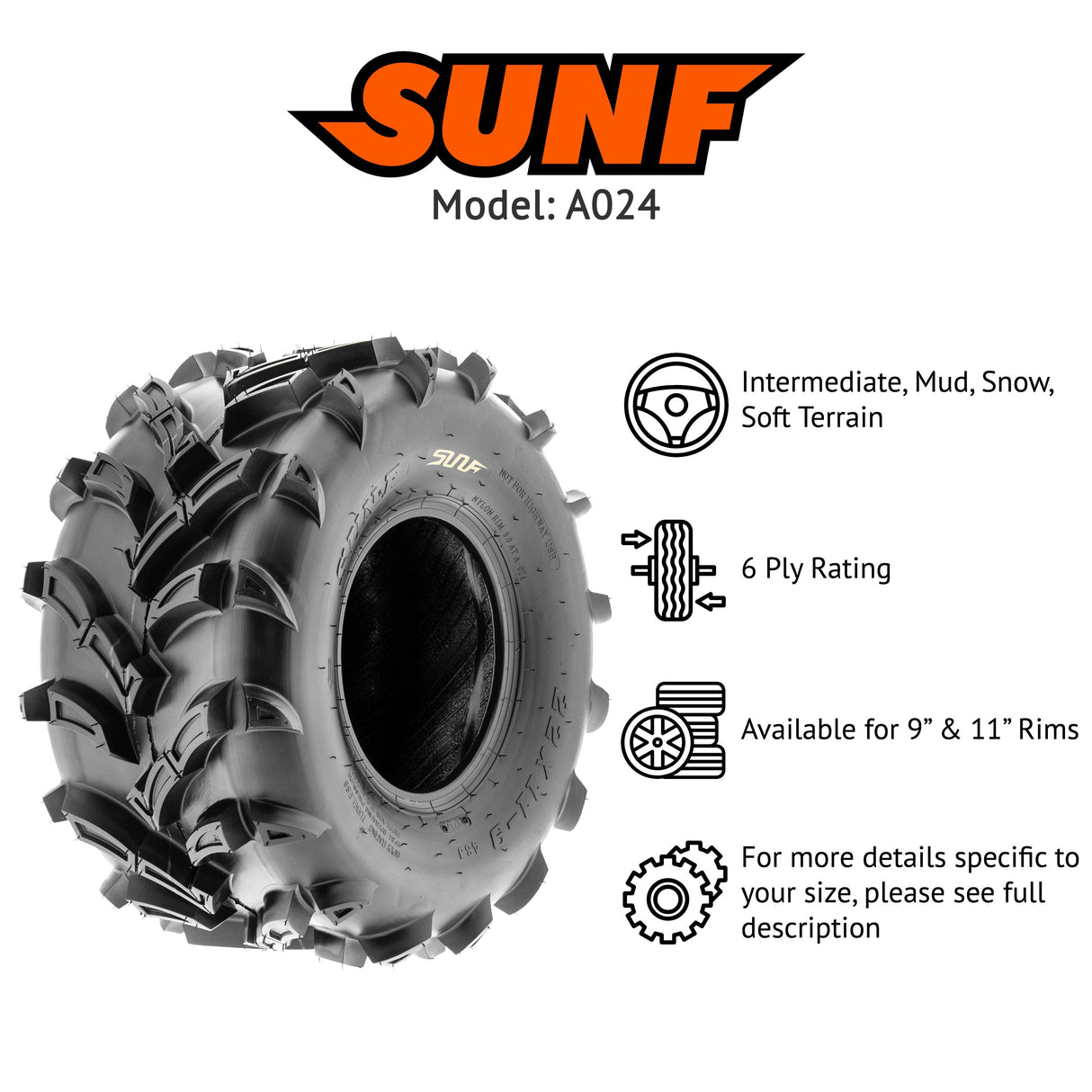 SunF ATV TIRE/UTV TIRE All Terrain 6 PR Tubeless A024 (set of 2) SUNF