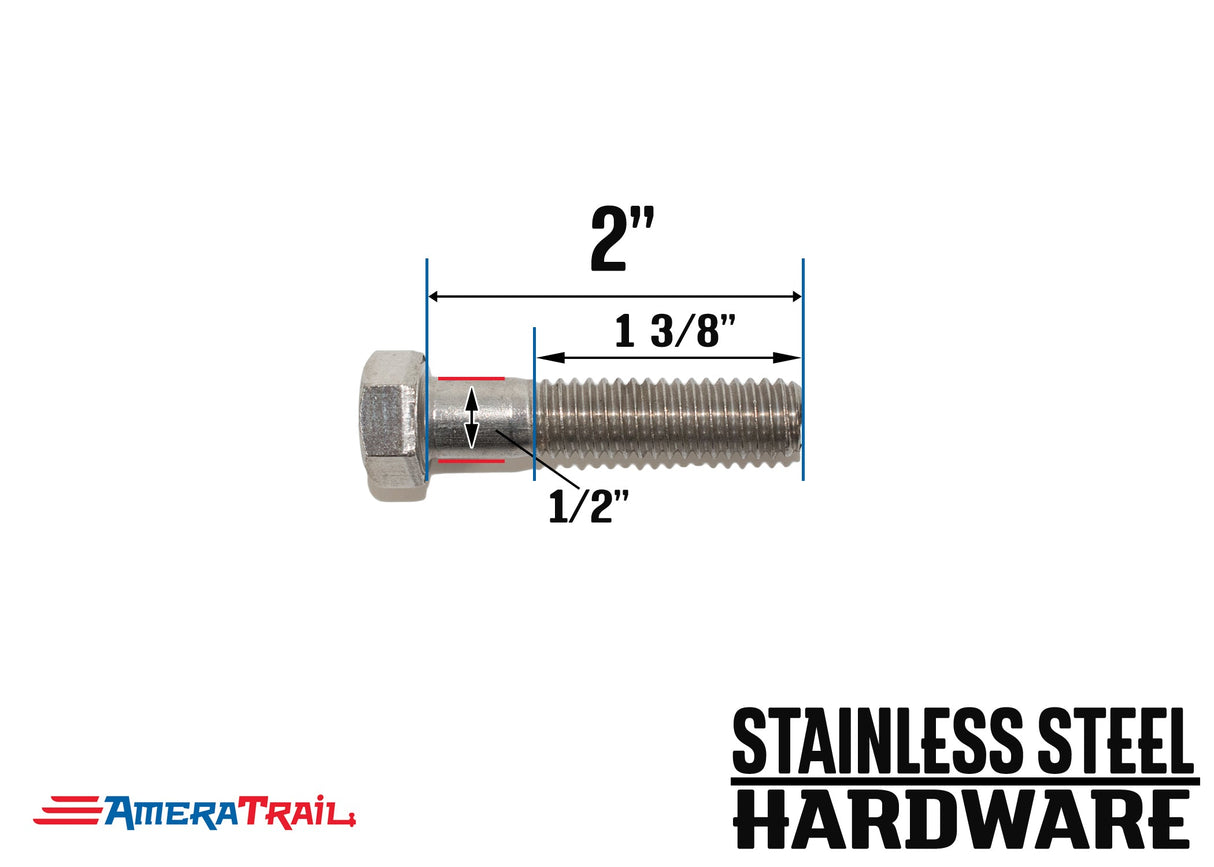 Stainless Steel Bolt 1/2 x 2", Hex Head - Available w/ Nut and Washer Hardware