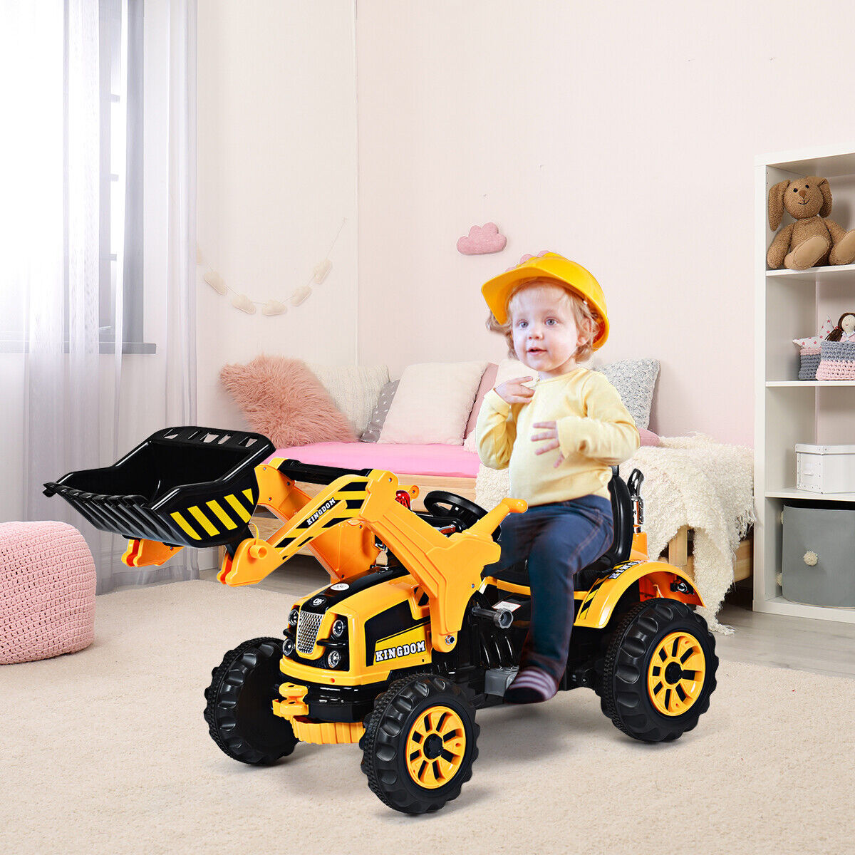 12V Battery-Powered Kids Excavator Truck with Front Loader Digger in Yellow