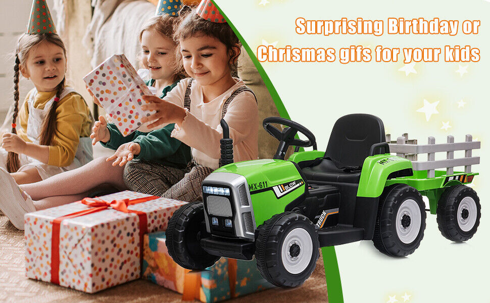 12V Electric Kids Ride On Tractor with Trailer - Battery Powered Car Toy for Christmas