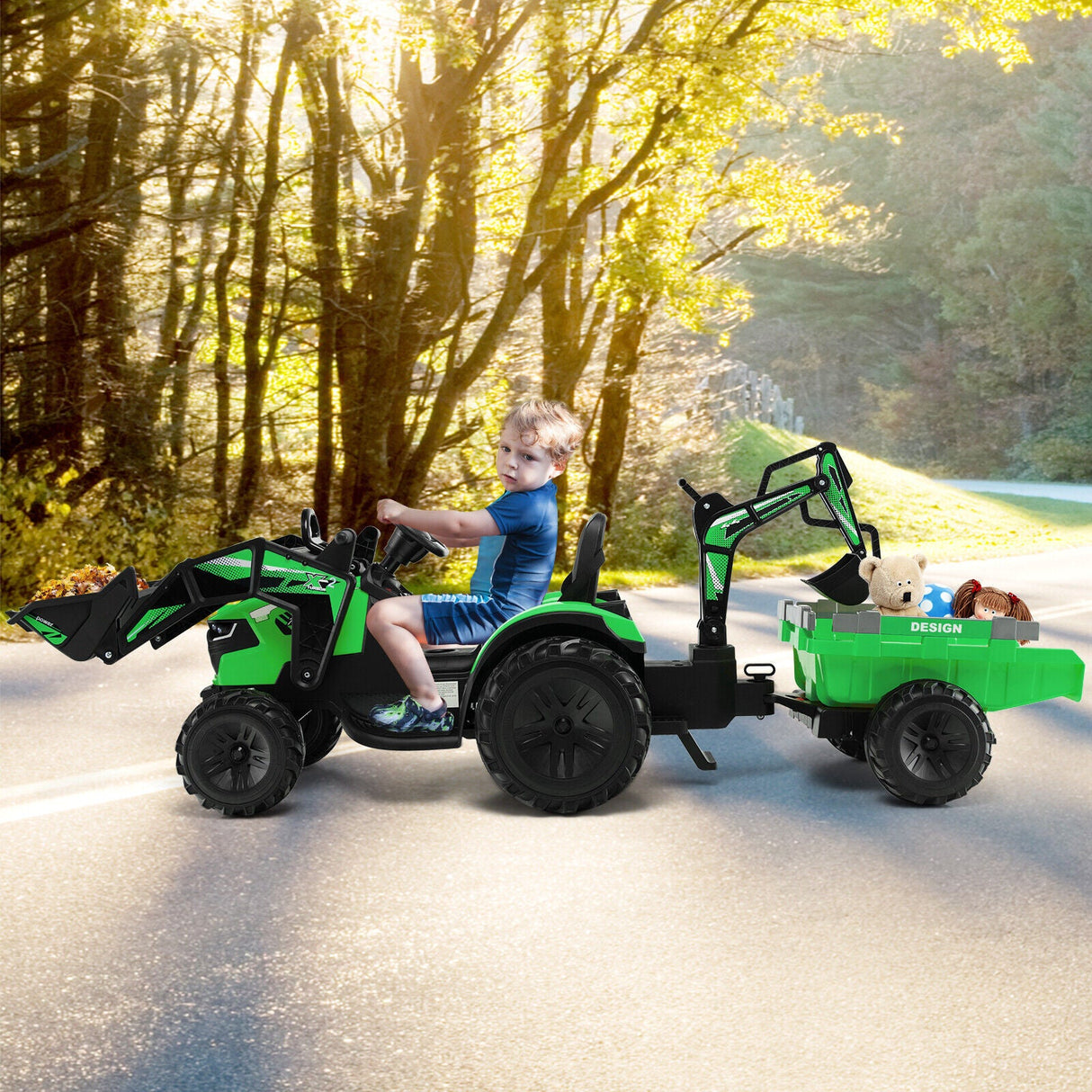 Yellow 12V Electric Ride-On Excavator Bulldozer Rubber Tires with Trailer for Kids - Remote Control Included