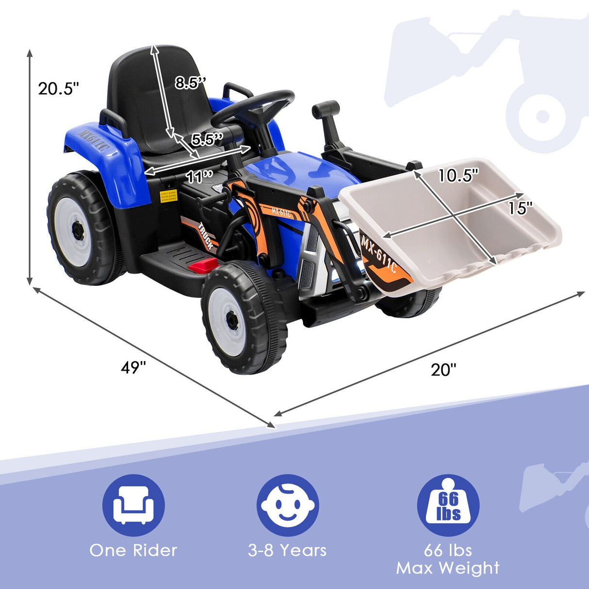 12V Electric Ride-On Excavator Digger Tractor with RC Control and Digging Bucket - Blue