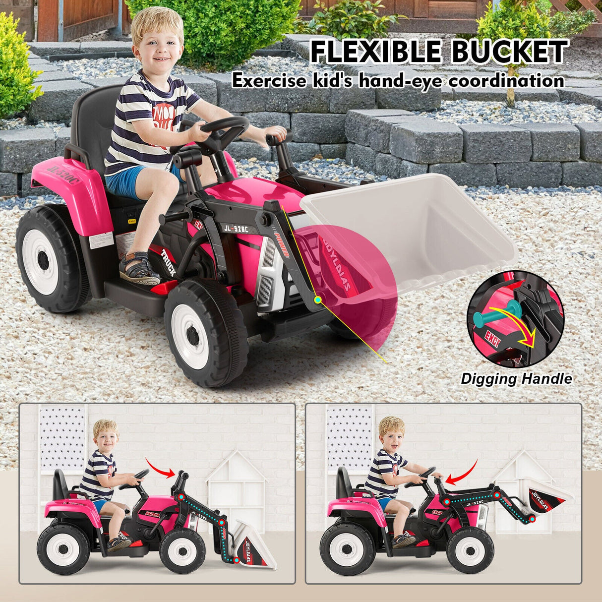 12V Electric Ride On Excavator Digger with Bluetooth Music and Remote Control - 3 Speeds and Light Effects Included