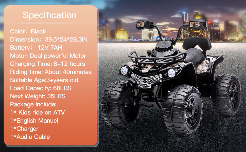 12V Kids Electric ATV Quad Car Toy for Toddlers - Battery Powered 4-Wheeler
