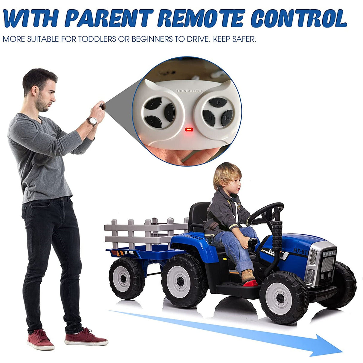 12V Kids Ride On Tractor Trailer with Lights - Battery Powered Toy Car