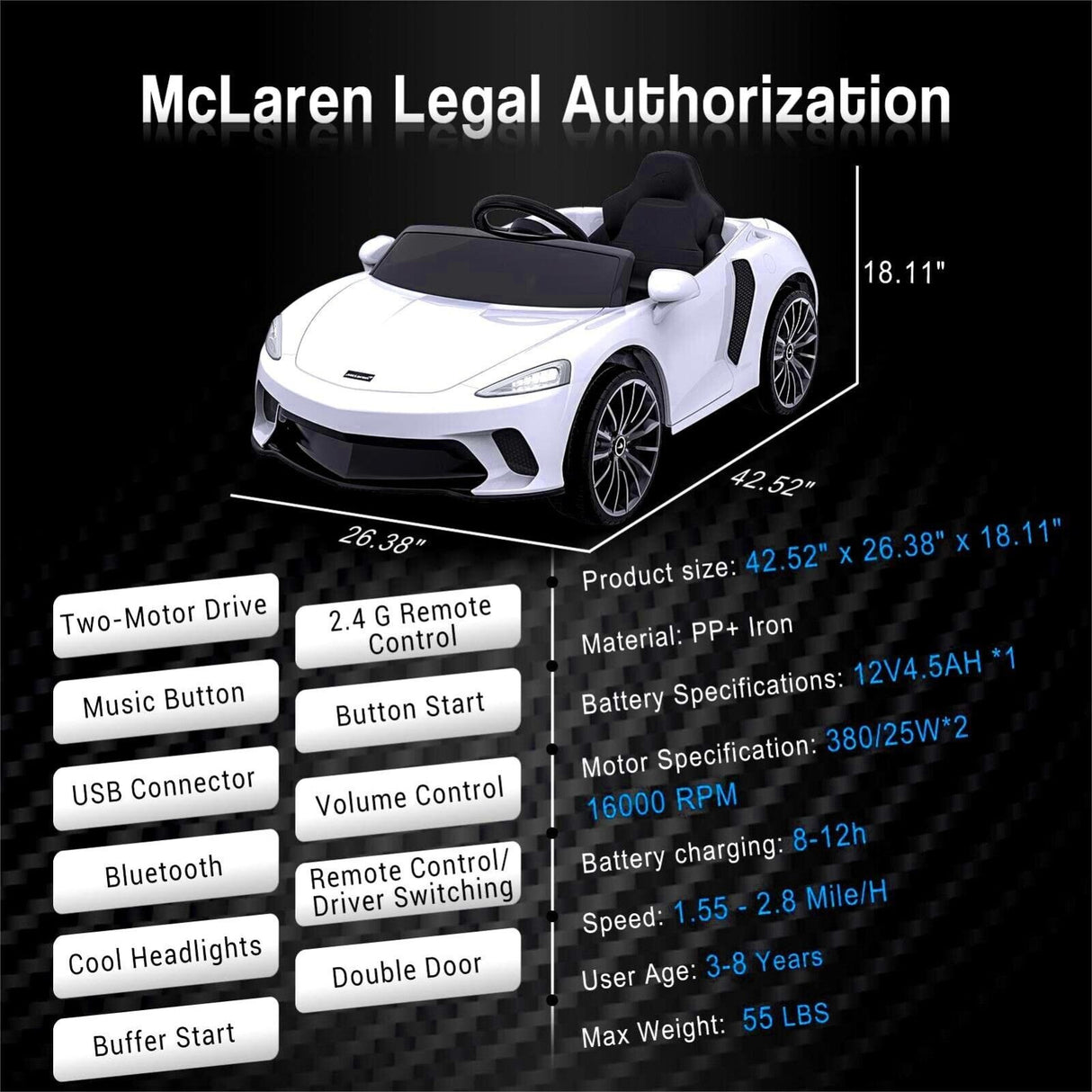 12V Licensed Lamborghini/McLaren Kids Ride On Car with Remote Control - Electric Gift for Children