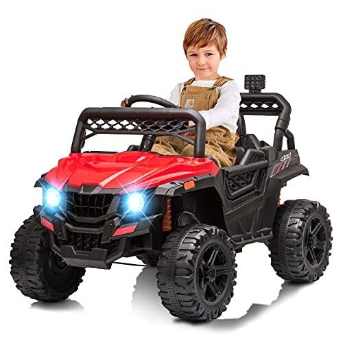 12V Ride On Car Truck Toy with LED Lights, Music, and Seat Belt - Perfect Xmas Gift for Kids with Remote Control