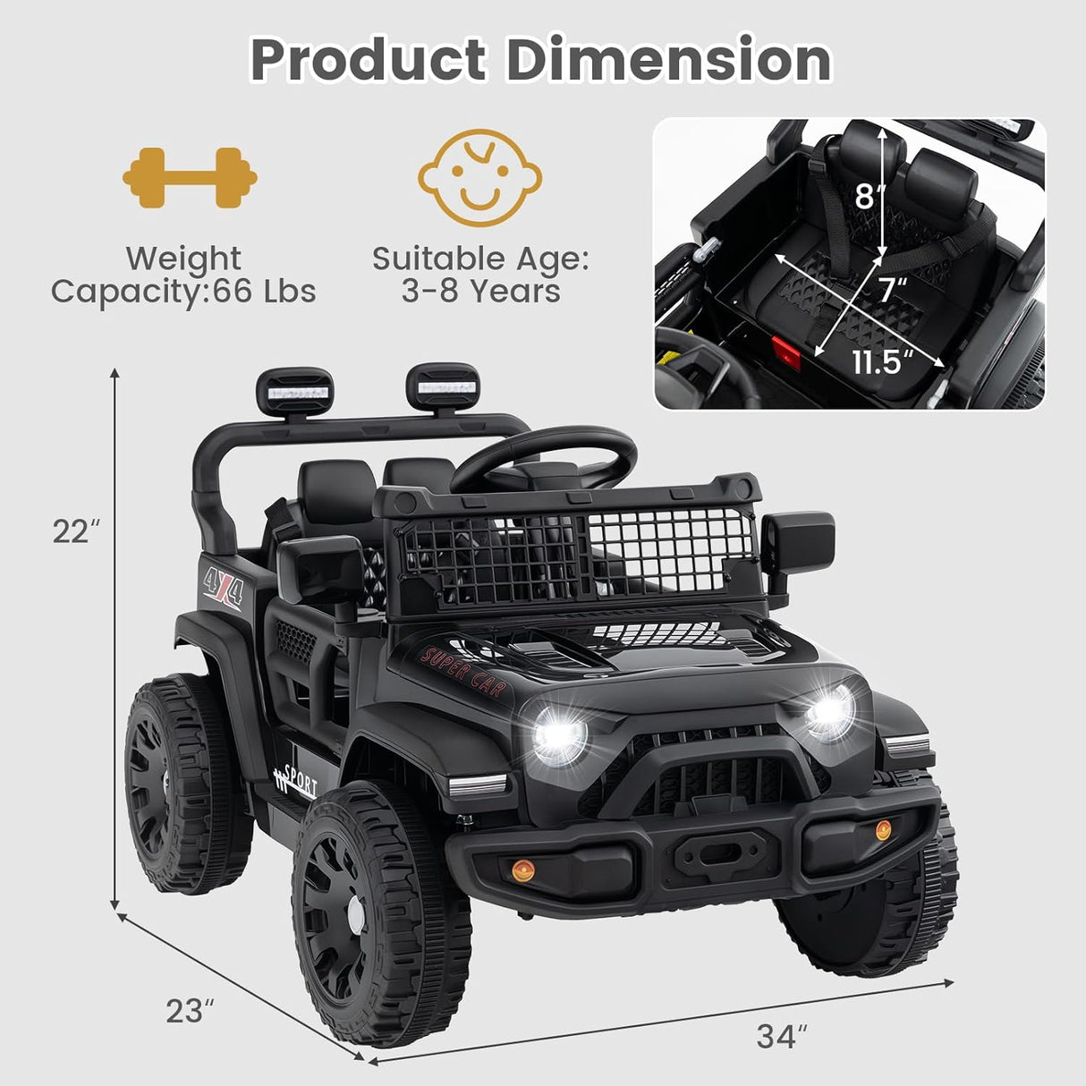 12V Electric Ride On Jeep Toy Car for Kids with Remote Control, USB, Bluetooth, and LED Lights MagicCars