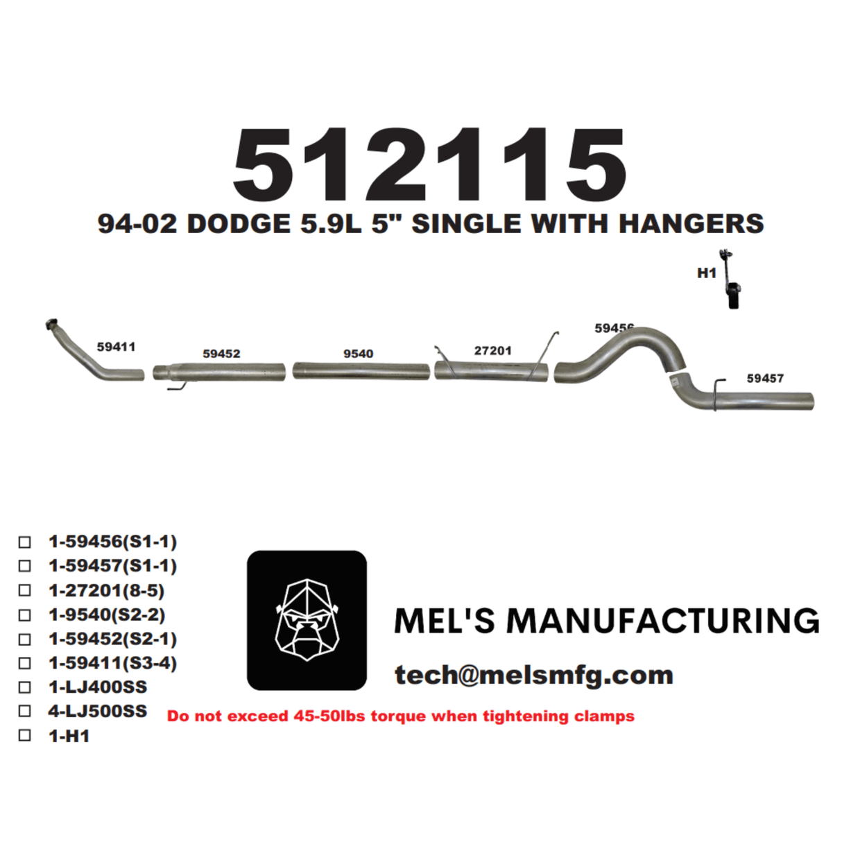 1994-2002 Cummins 5.9L 5" Turbo Back Exhaust No Muffler (511111)