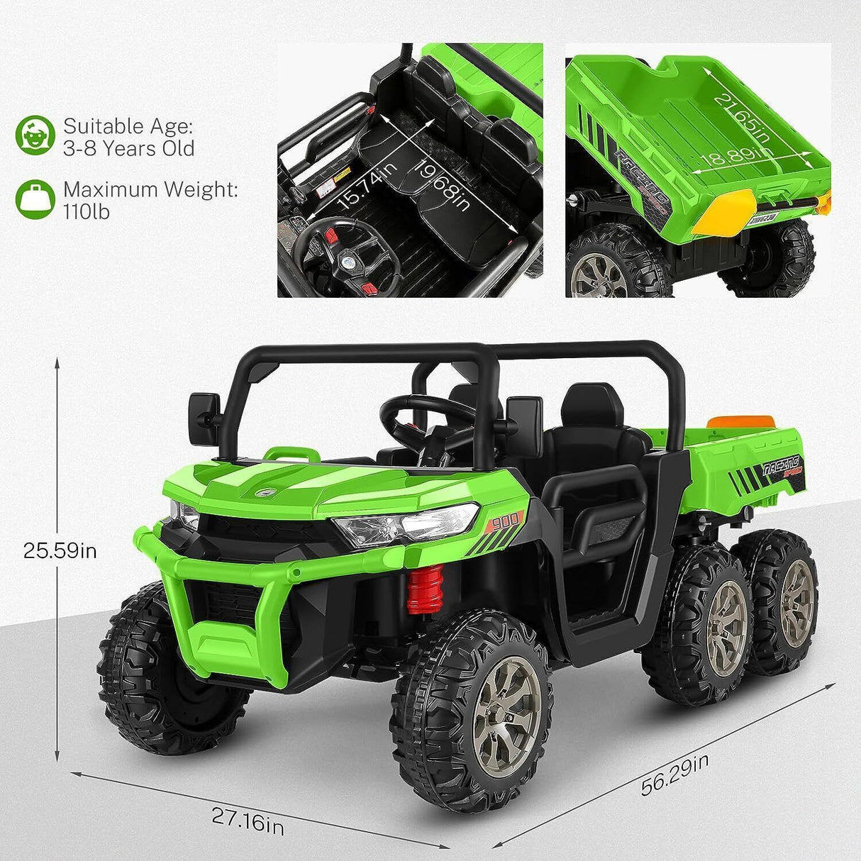 2-Seater Electric Ride-On Car with Dump Bed Truck and 6 Wheels - 24V Battery Powered Toy for Kids