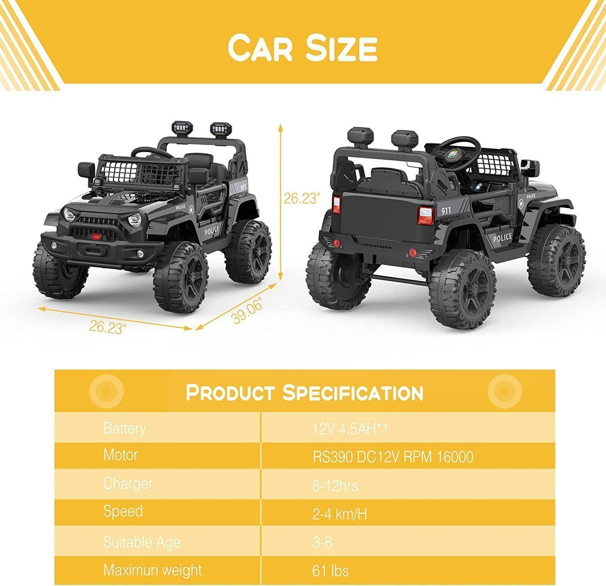 2-Speed Bluetooth Electric Kids Ride-On Truck with LED Lights and Remote Control - 12V US Version