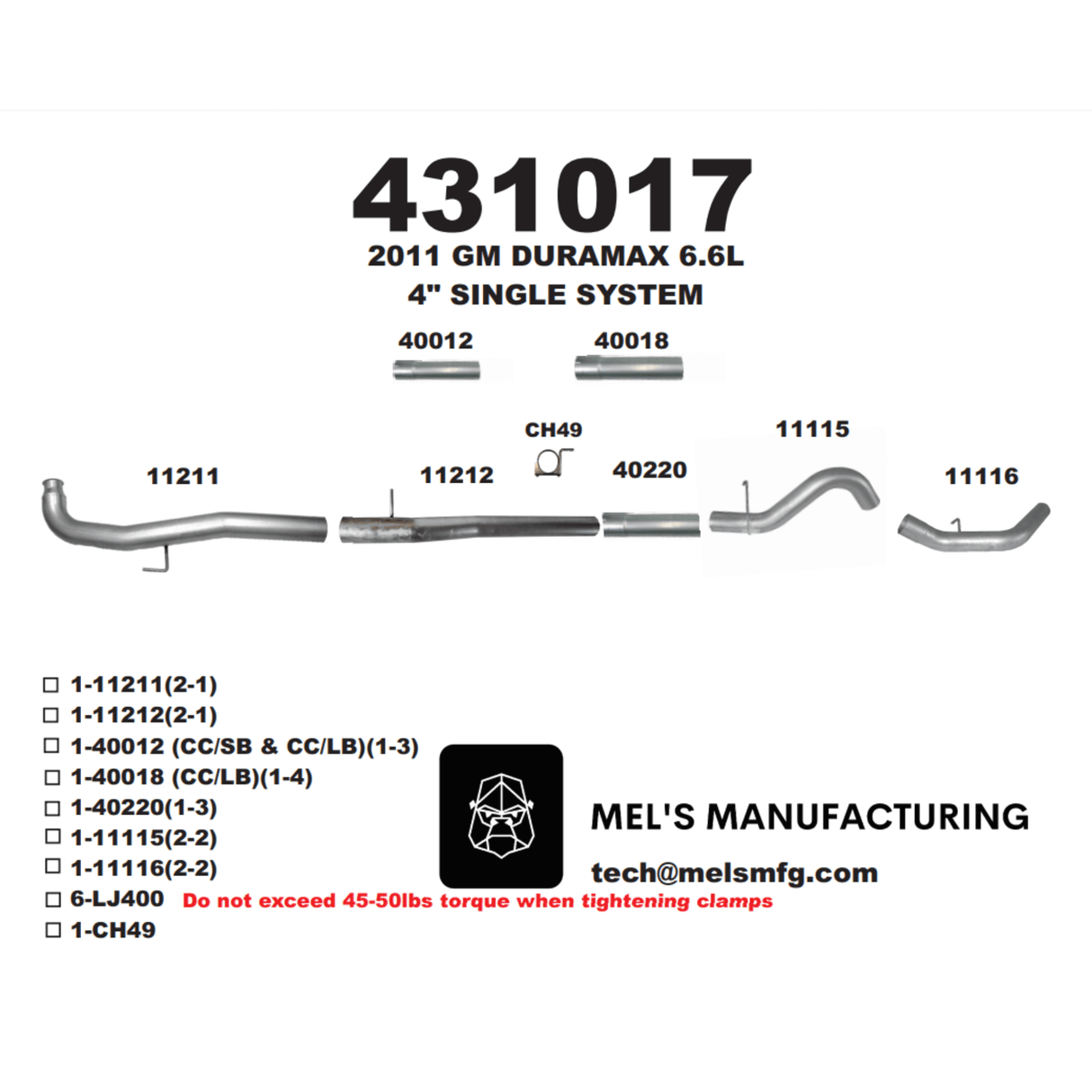 2011-2015 Duramax LML 4" Downpipe Back Exhaust No Muffler (431017)