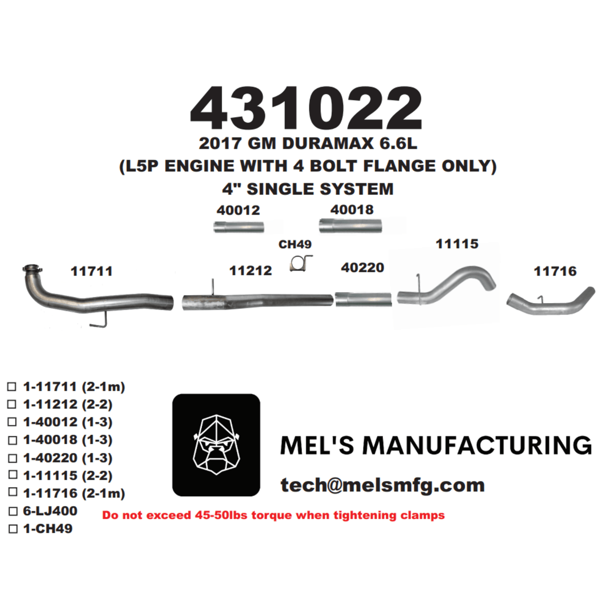 2017-2019 Duramax L5P 4" Downpipe Back Exhaust No Muffler (431022)