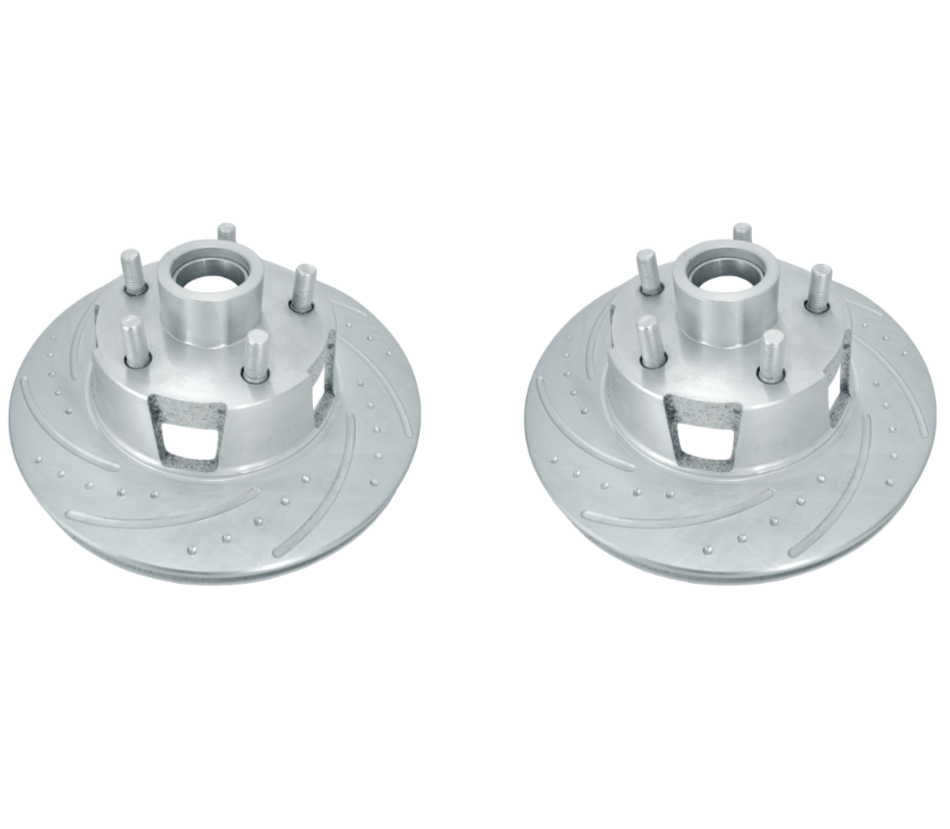 New Performance Front Rotors (Pair) Dimple-Drilled, Slotted, Zinc Plated.