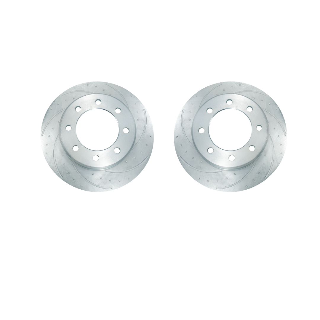 New Performance Front Rotors (Pair) Dimple Drilled, Slotted and Zinc Plated.
