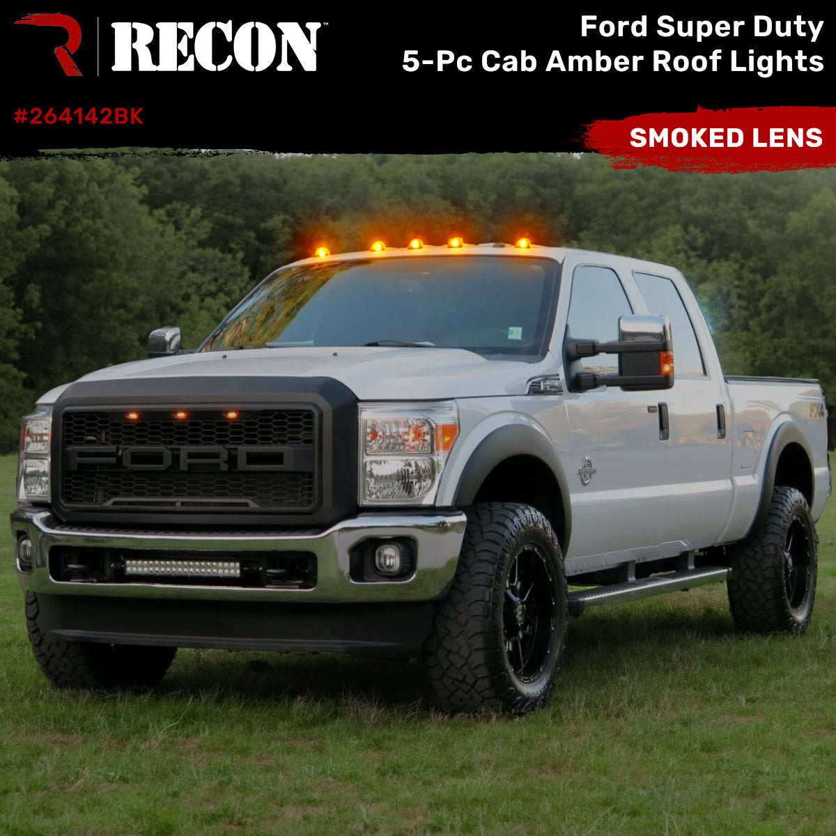 Ford Super Duty 99-16 5 Piece Cab Lights Amber Xenon Bulbs with Smoked Lens - (Attn: This cab light kit replaces OEM factory installed Ford 99-16 cab roof light lenses)