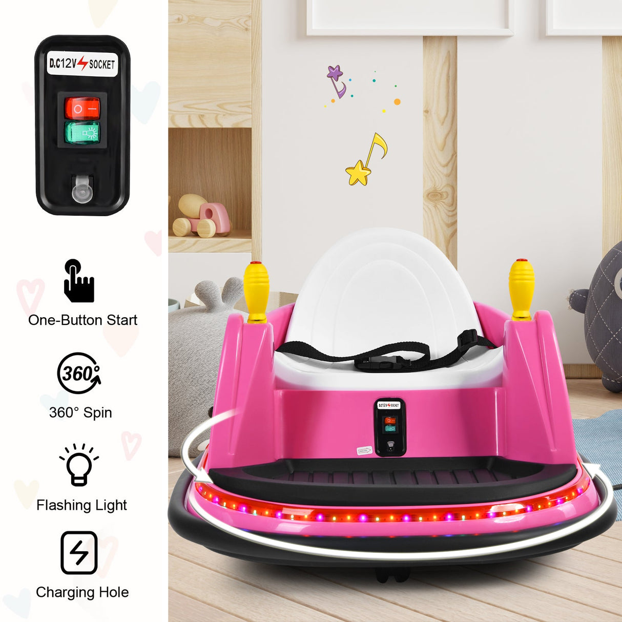 360° Spin Race Bumper Car Ride-On Toy for Kids with Remote Control - 12V Vehicle