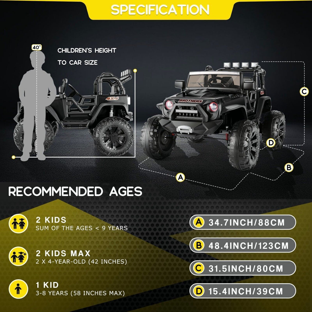 400W 2-Seater Electric Ride-On Jeep for Kids with LED Lights and 24V Battery