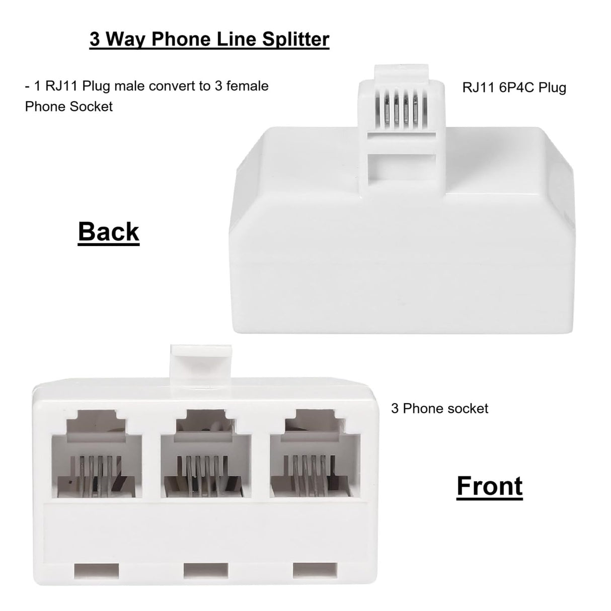 3 Way Telephone Splitter Wall Jack Adapter, White, 1 Male to 3 Converter Cable RJ11 6P4C Telephone Adapter TekShack
