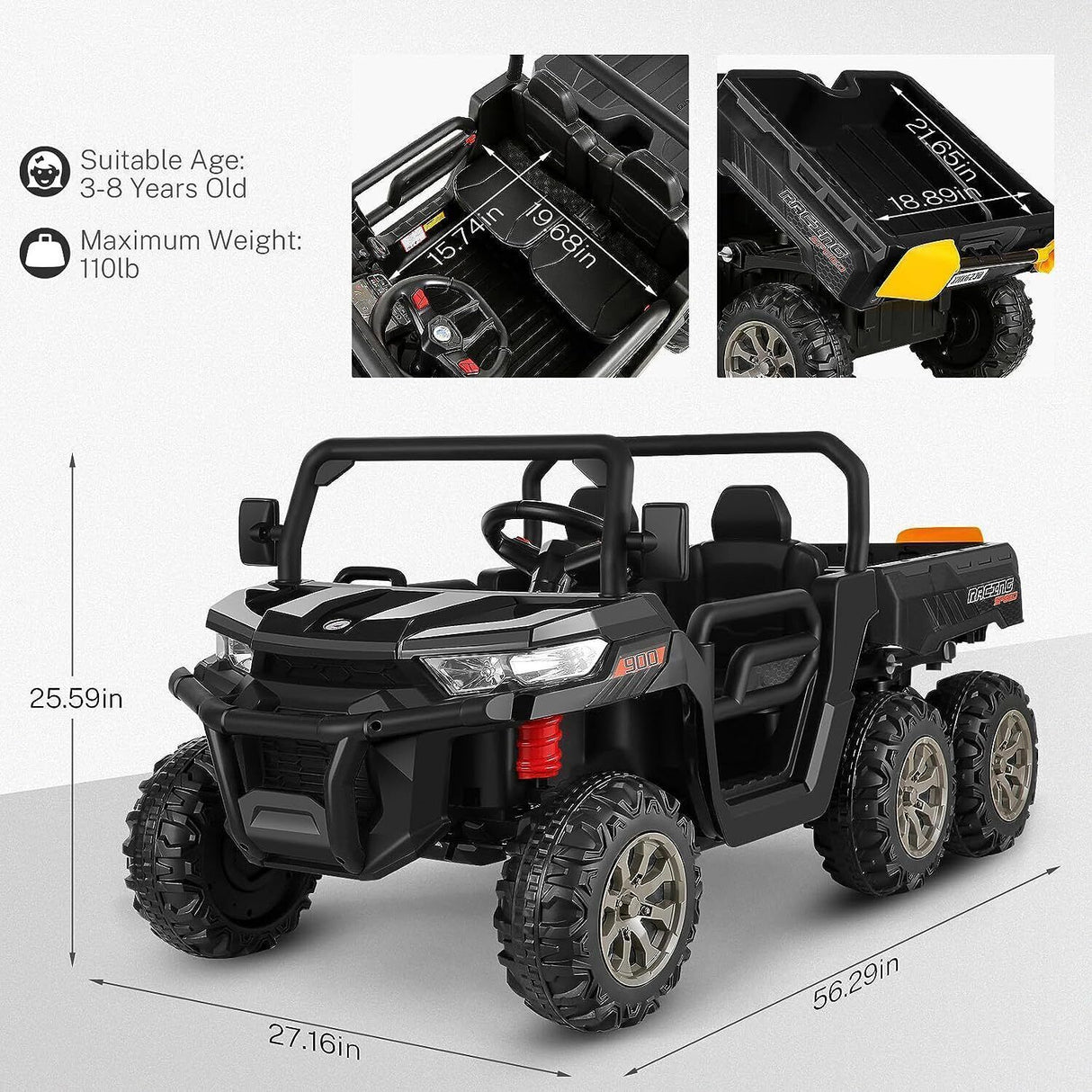 6-Wheel 2-Seat Dump Truck Ride-On Toy with 24V Battery Power for Kids