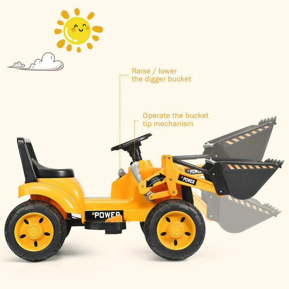 6V Battery Powered Kids Excavator Digger with Digging Bucket - Yellow Tractor Toy