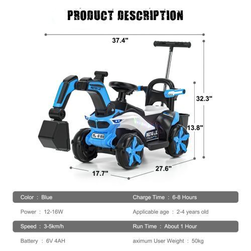 6v Electric Excavator Toy Car with Bluetooth and Rear Reserve Box for Kids