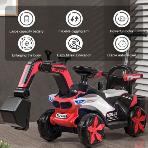 6v Electric Excavator Toy Car with Bluetooth, Helmet, and Rear Attachment for Kids