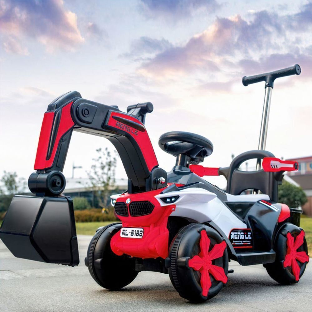 6v Electric Excavator Toy Car with Bluetooth, Helmet, and Rear Attachment for Kids