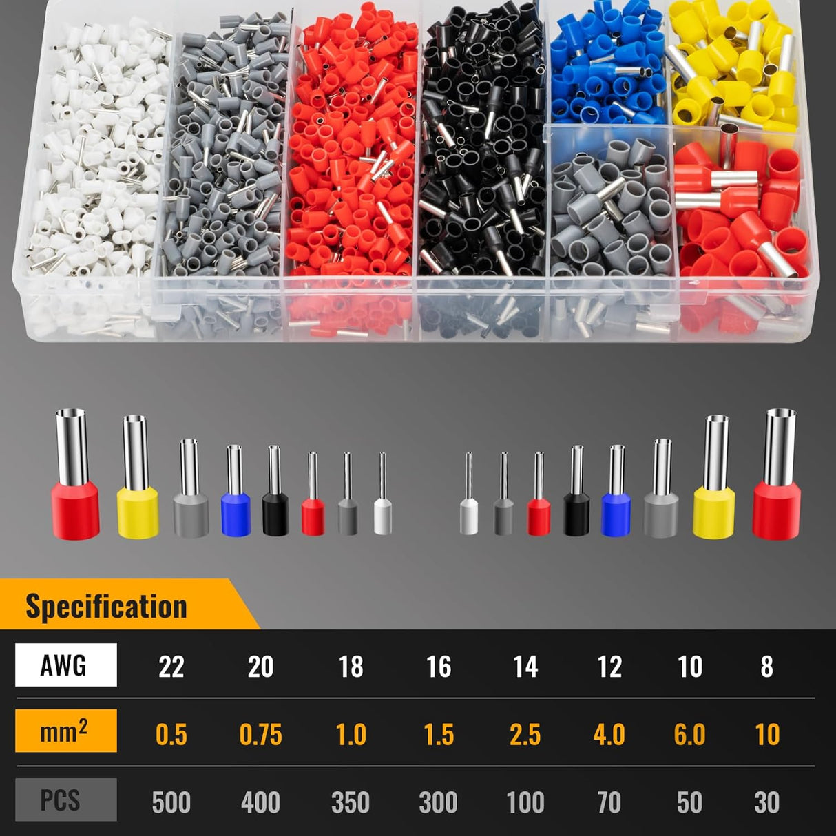 Ferrule Crimping Tool Kit with 1800PCS Wire Ferrules, Self-Adjusting Ratchet Crimper, 4-Corner Crimping Pliers for AWG 20-8 Electrical, Automotive & DIY Wiring TekShack