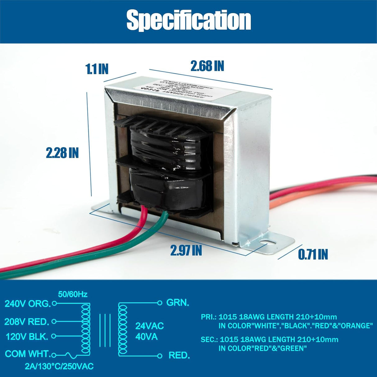 24V 40VA Control Transformer 40VA, Primary 120, 208, 240V Secondary 24V, HVAC Furnace TekShack