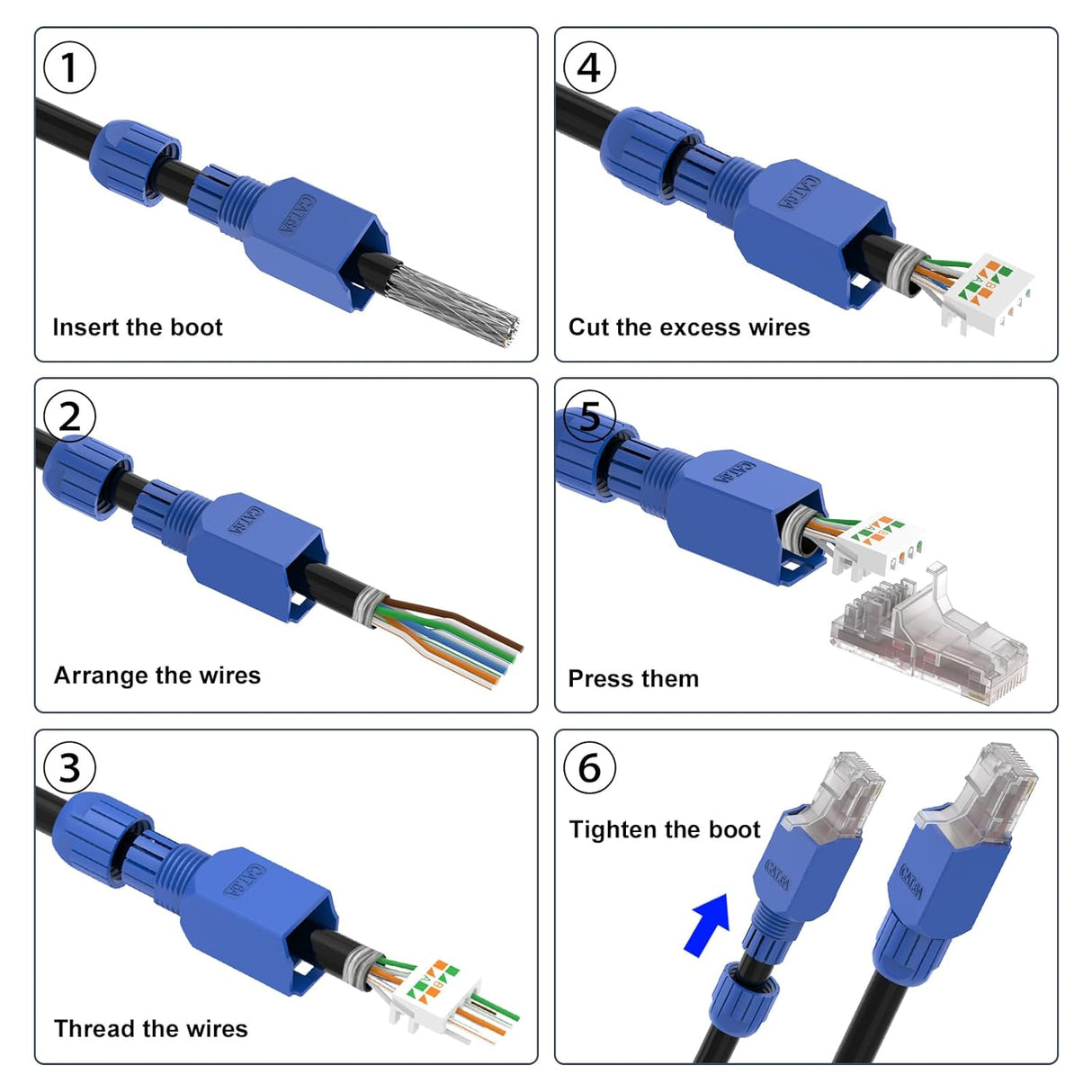 RJ45 CAT6A Tool-Free Plug – 6 Pack, Gold-Plated UTP for 23–26AWG VCELINK