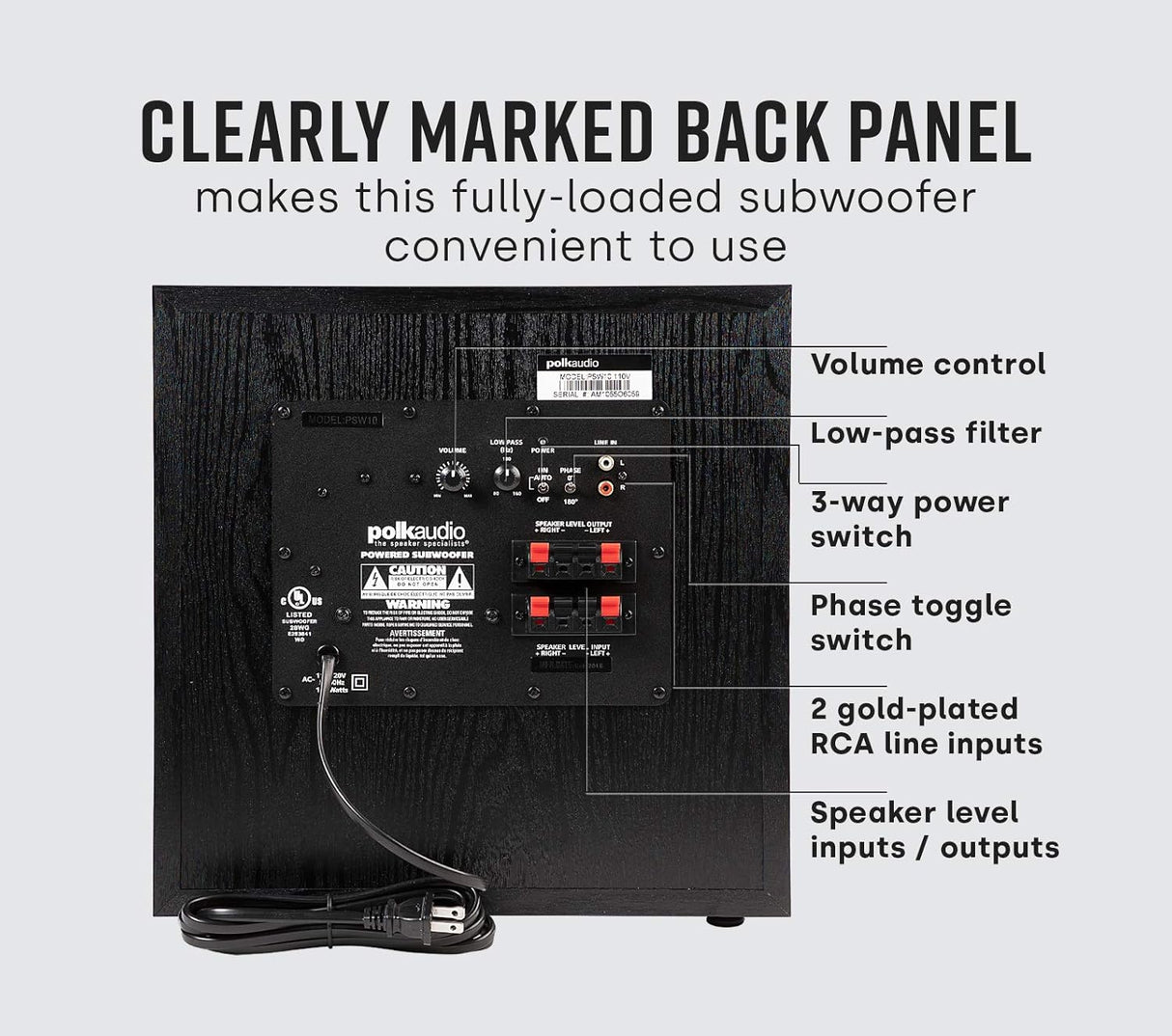 Polk Audio PSW10 10-Inch Powered Subwoofer with Power Port Technology, 100W Max Power, Deep Bass Compact Home Theater Speaker, Black TekShack