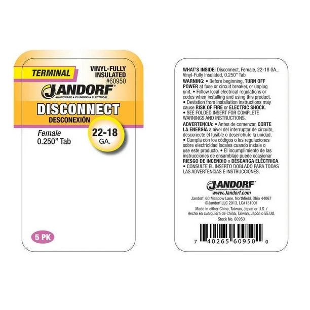 JANDORF TERMINAL DISCONNECT F 22-18 VIN FULL INS .25 TAB (5PK) 60950 Jandorf