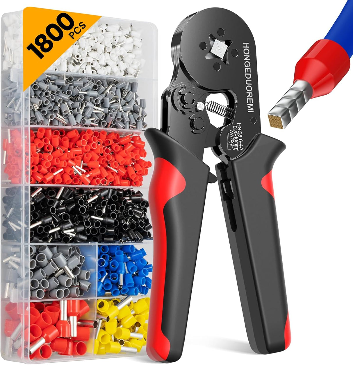 Ferrule Crimping Tool Kit with 1800PCS Wire Ferrules, Self-Adjusting Ratchet Crimper, 4-Corner Crimping Pliers for AWG 20-8 Electrical, Automotive & DIY Wiring TekShack