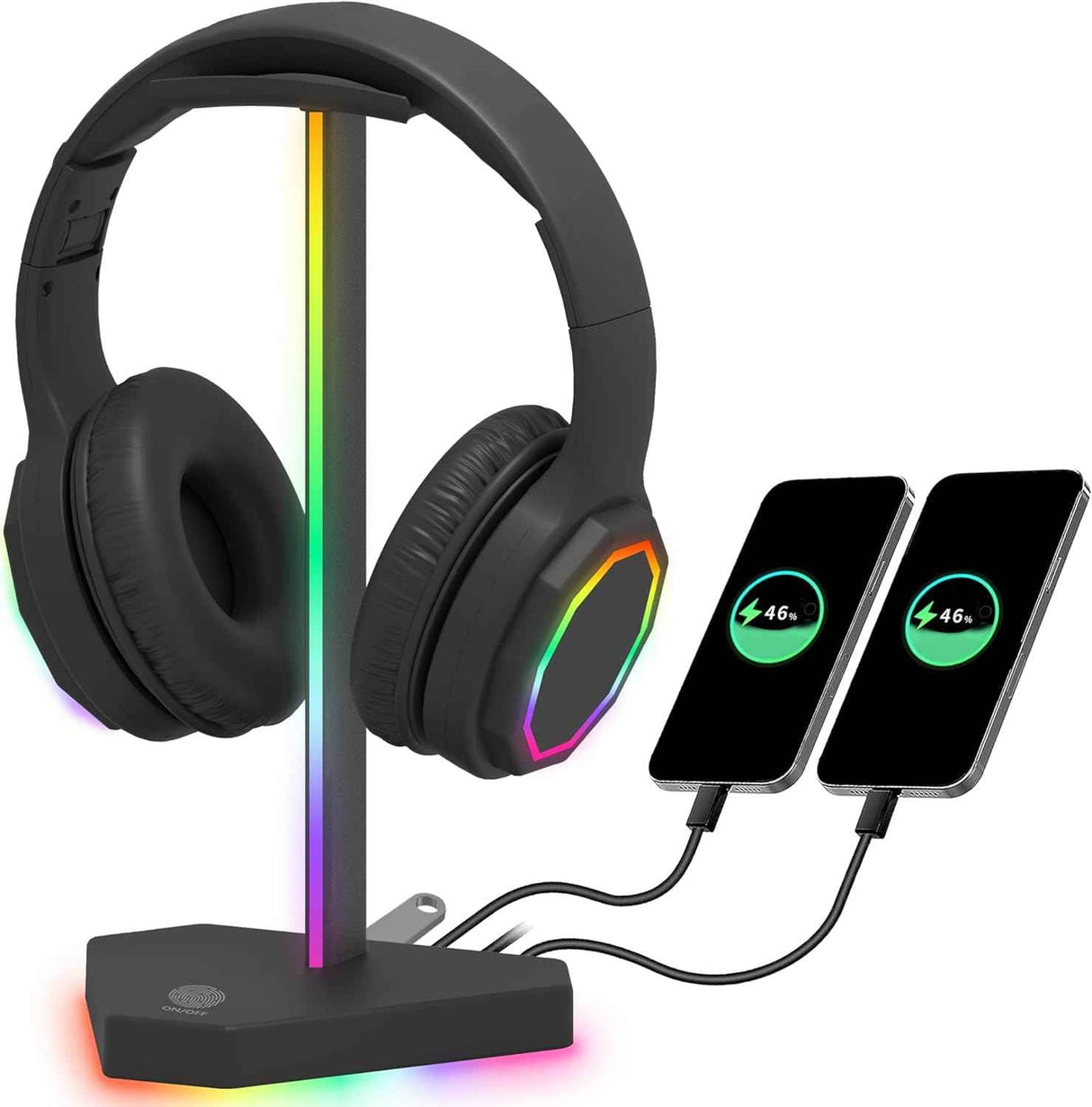 RGB Headphone Stand with USB-C Hub, 3 Charging Ports, 7 RGB Modes, Non-Slip Base, Black TekShack