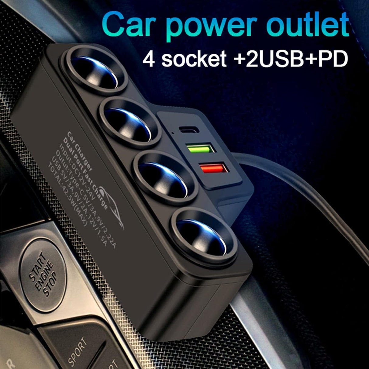 Multi-Function Car Charger Splitter – 4 Sockets, USB & PD Fast Charge TekShack