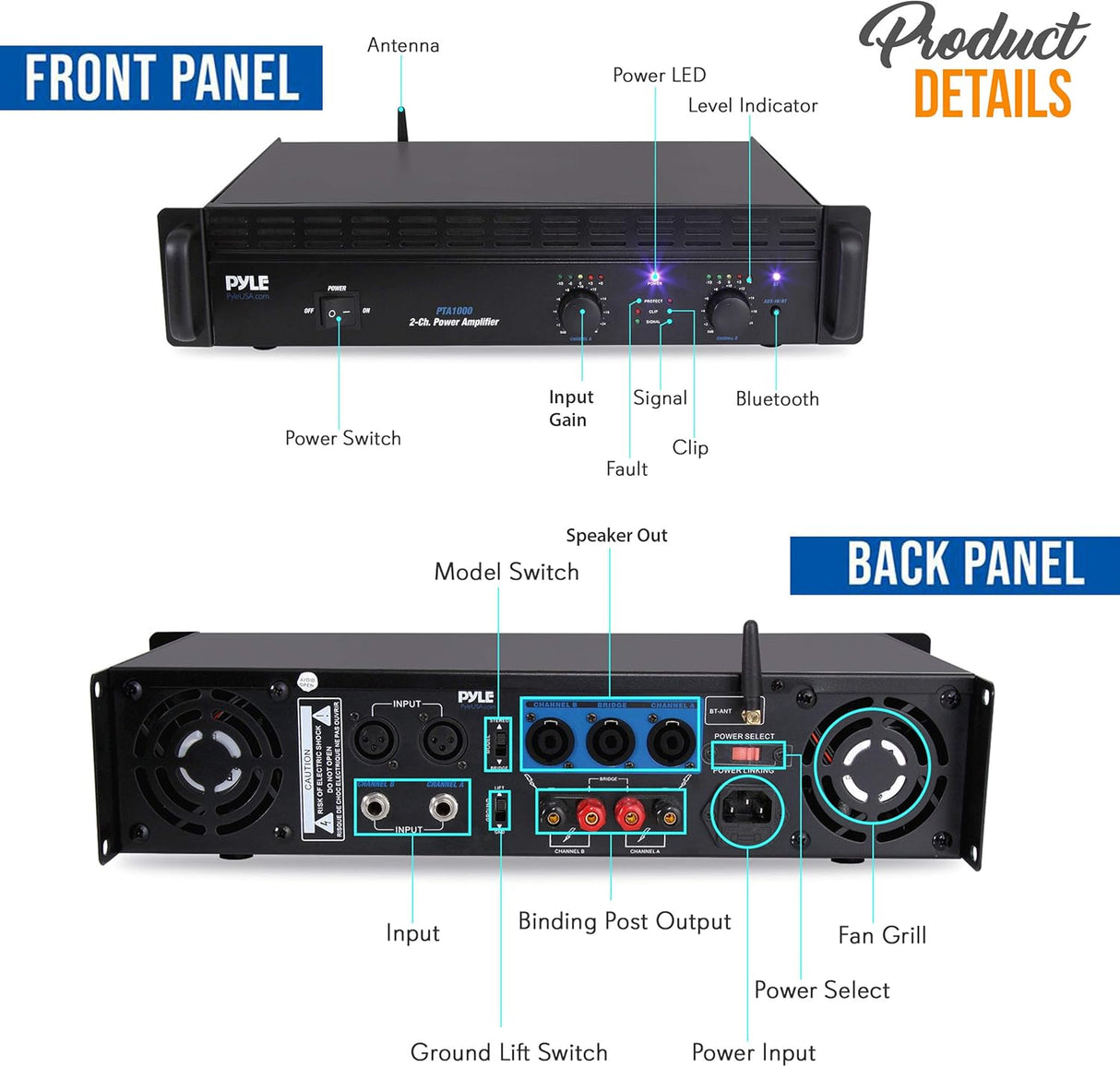 Pyle 1000W Peak 2-Channel Pro Amplifier with Bluetooth Pyle