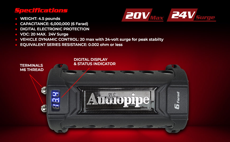 Car Audio Power Capacitor with Digital Display and Electronic Protection (ACAP-D6000) Audiopipe