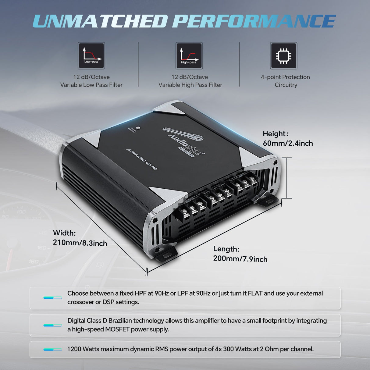 APHT-1000.4D-H2 Full Range Class D Transistor Amplifier Audiopipe