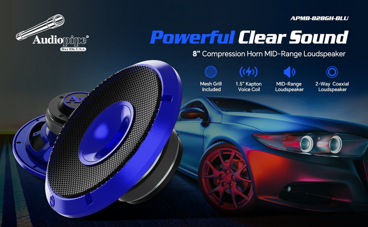 8" Compression Horn Mid-Range Loudspeaker (APMB-828GH-BLU), Sold individually Audiopipe