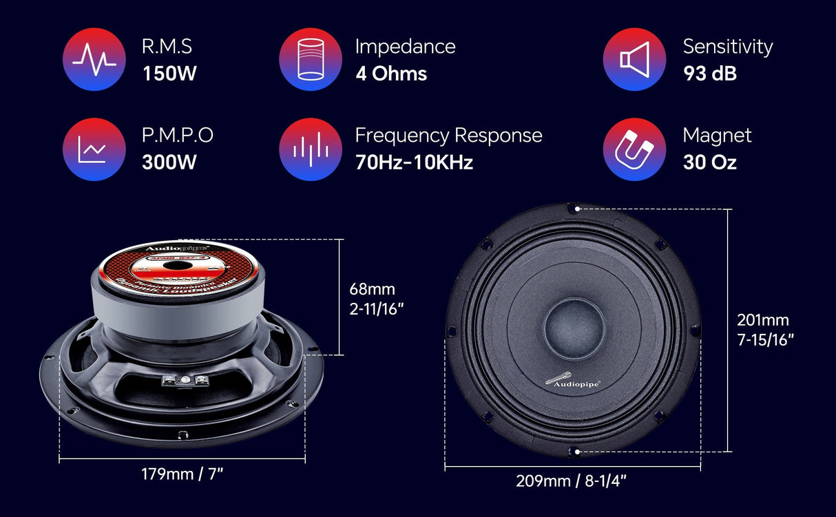 8" Mid-Range Frequency Loudspeaker (APMB-847-4), Sold in pairs Audiopipe