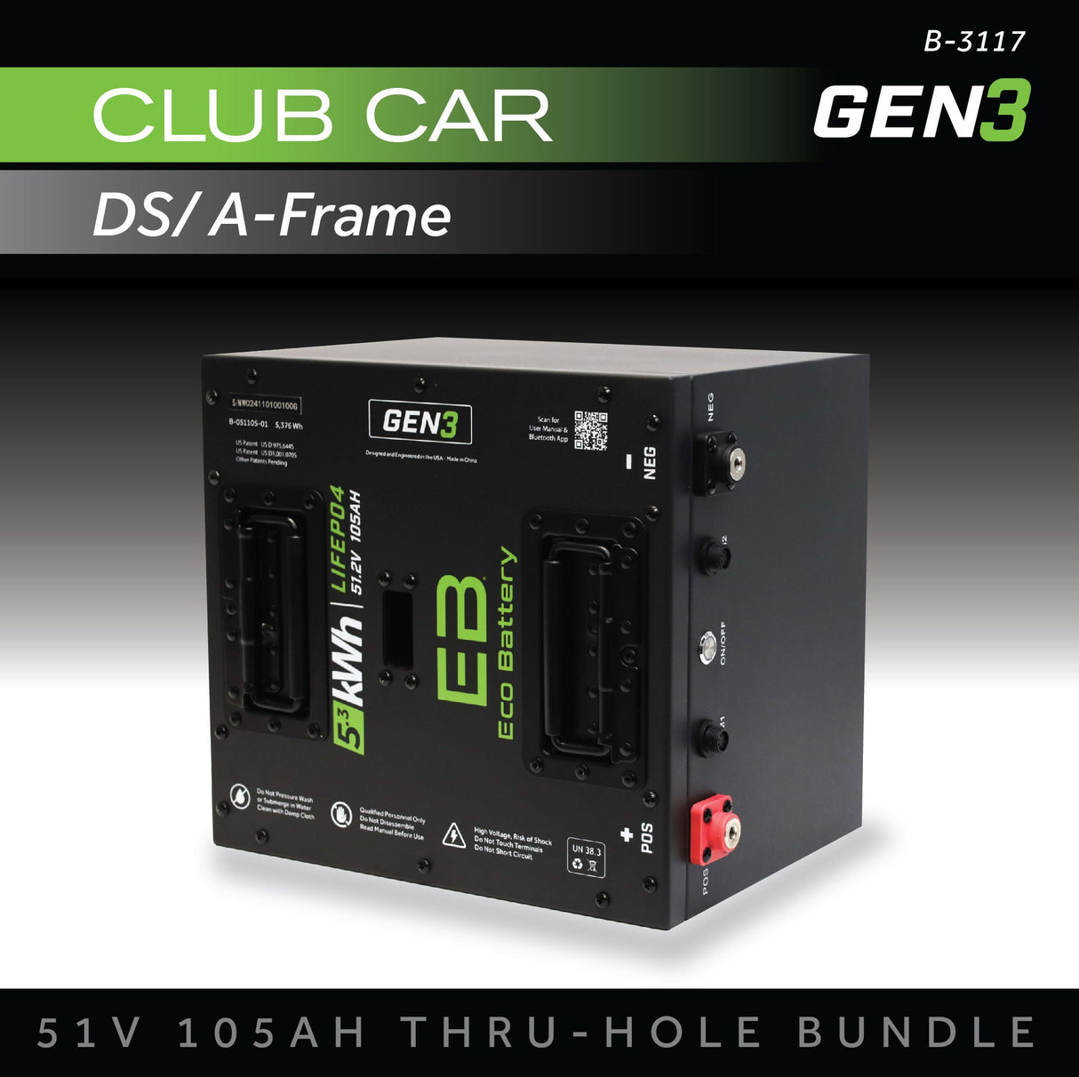 Eco Battery (48V) 51V 105AH Thru-Hole Battery Bundle / Club Car DS / A-Frame