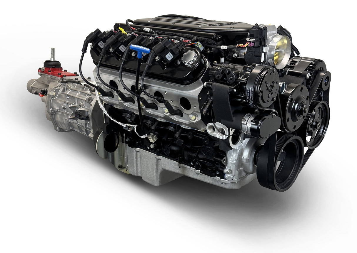 GM LS Compatible 376 c.i. Engine and T56 Manual Transmission - 530 Horsepower - Standard Edition Builder Series - Black Pulley Kit - Holley Terminator X EFI System