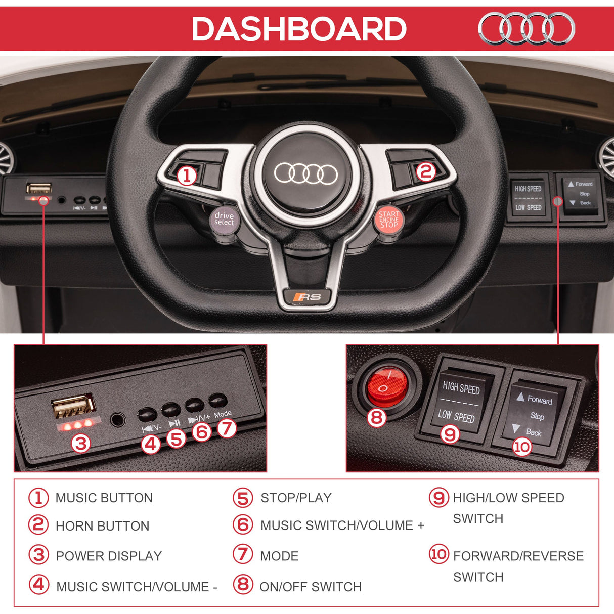 6V Audi TT RS Kid Electric Sports Car with Remote Control Ride-On